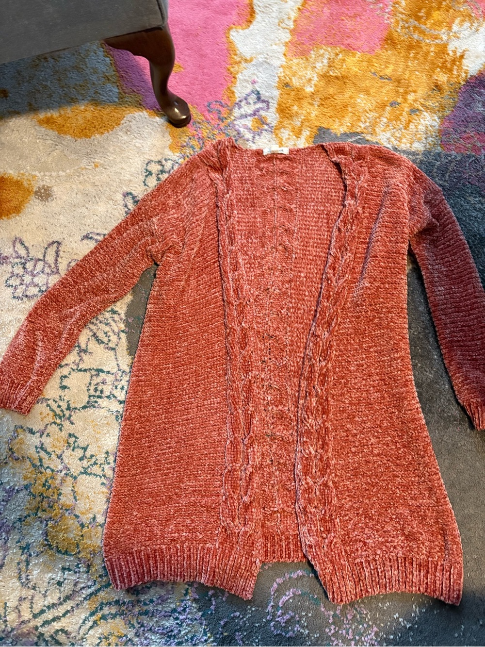 Open-Front Cable Chenille Cardigan - Rust